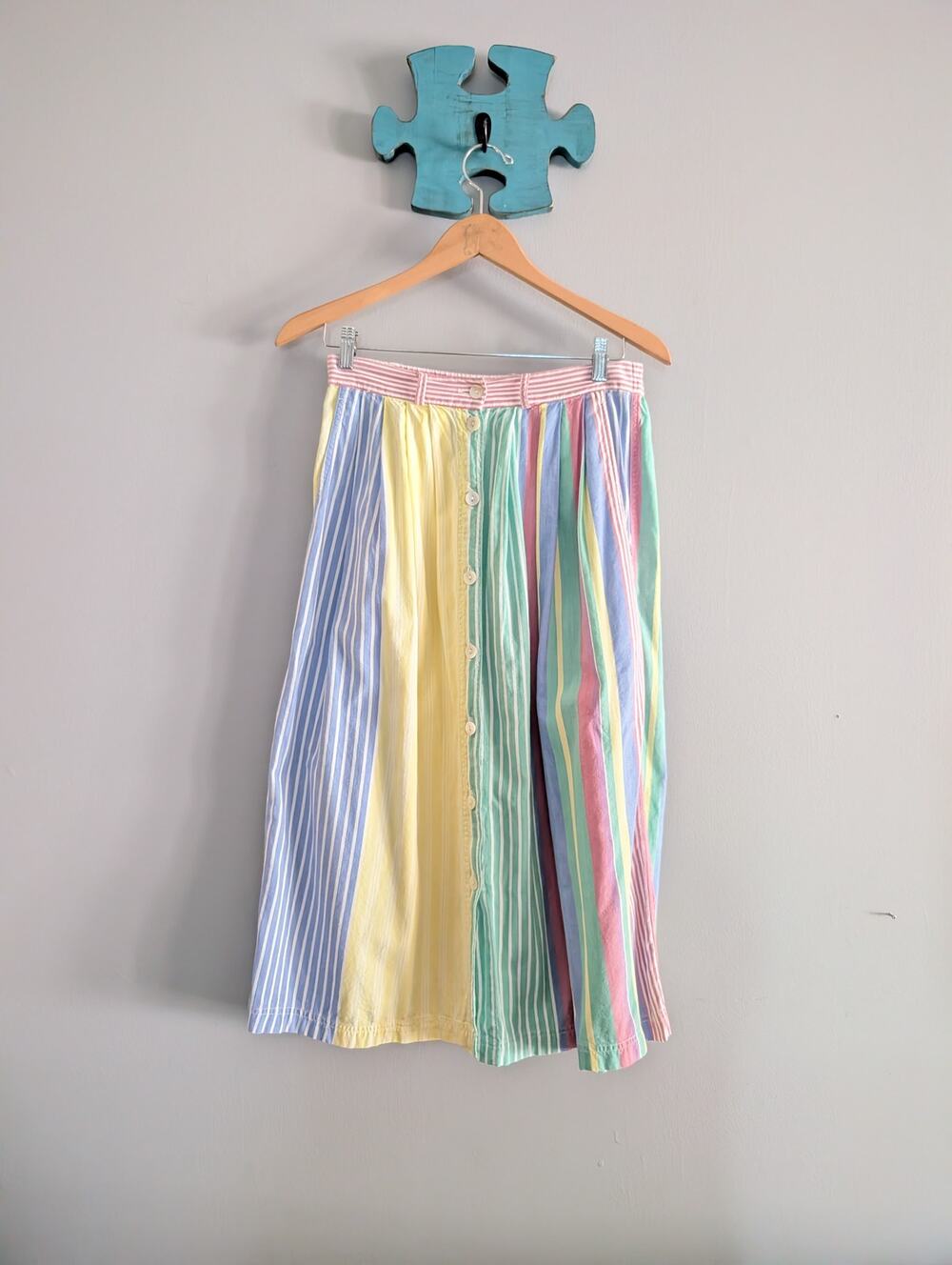 Susan Bristol Pastel Stripe Maxi Skirt Petite 6 Button Front Pockets 100% Cotton